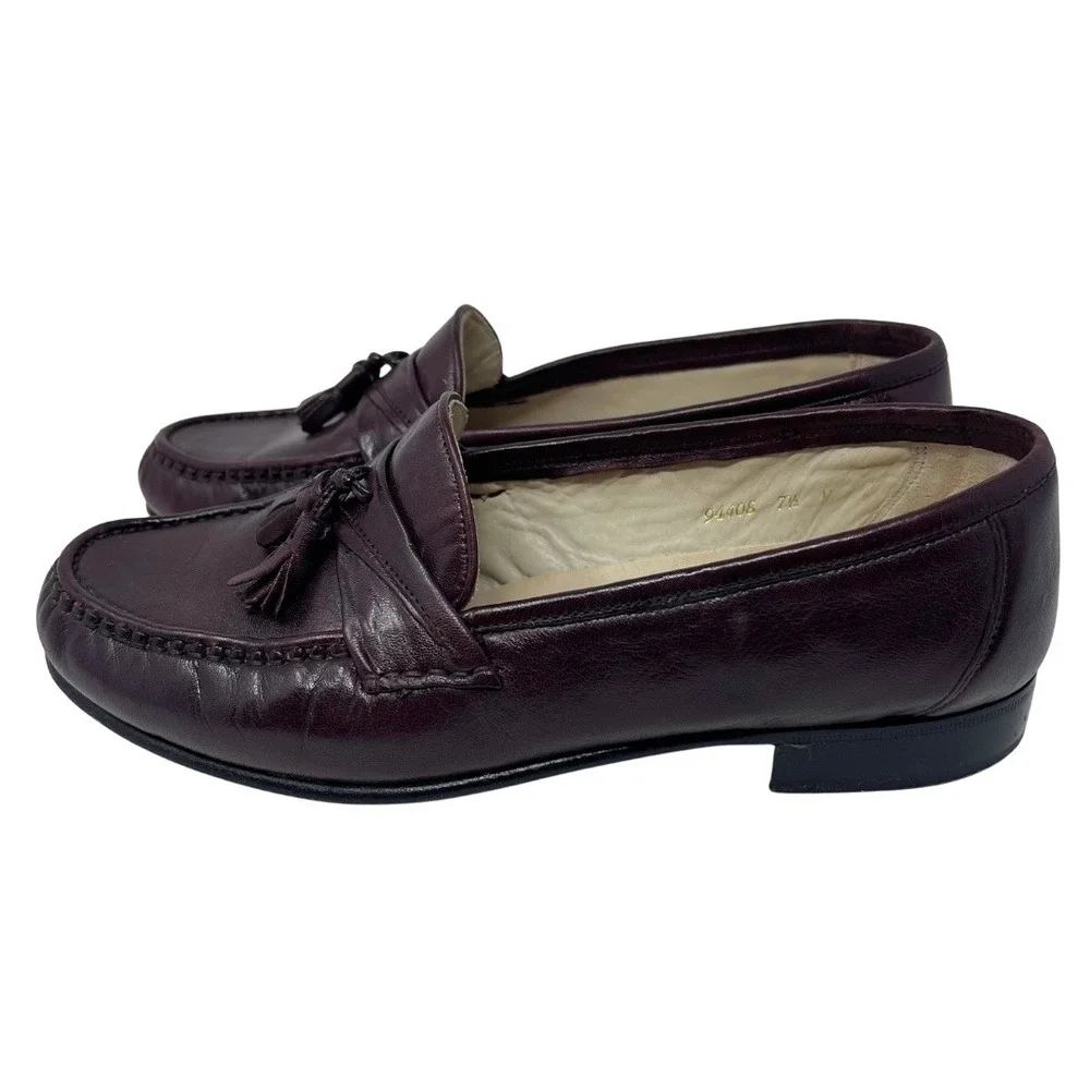 Vintage 80s Oleg Cassini Mens 7.5 W Burgundy Leather Tassel Loafers Italy